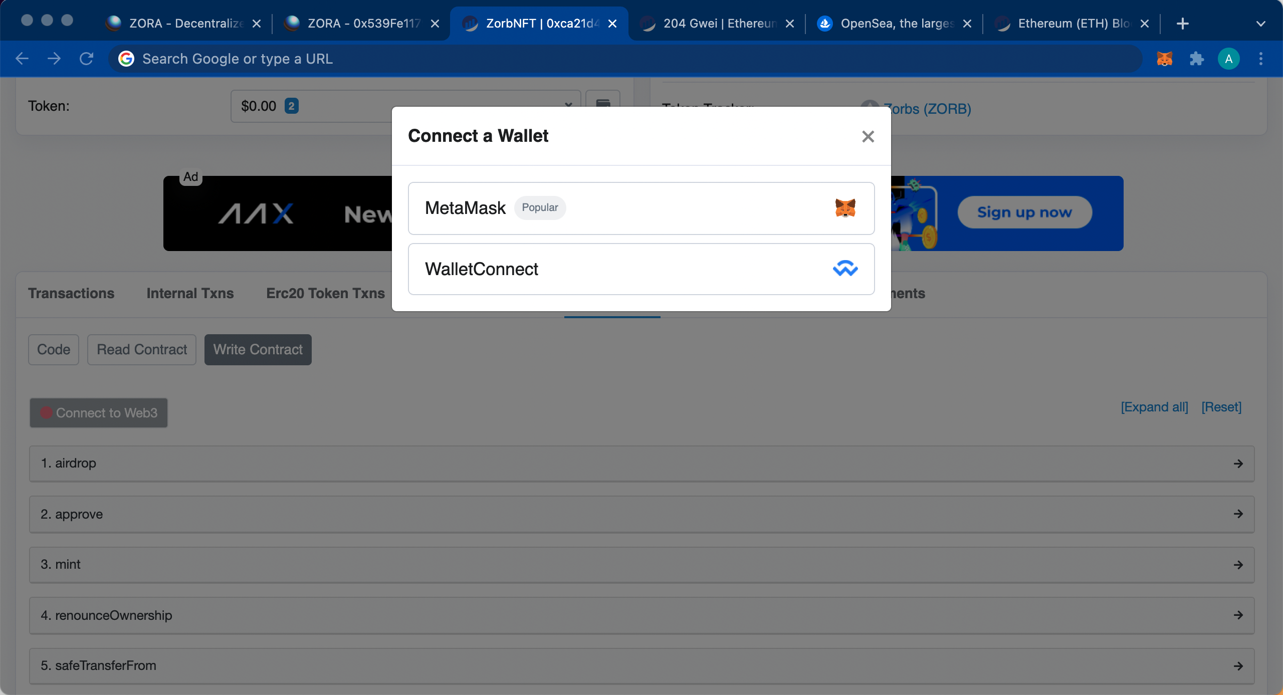 Image showing option to collect to metamask or wallet connect 