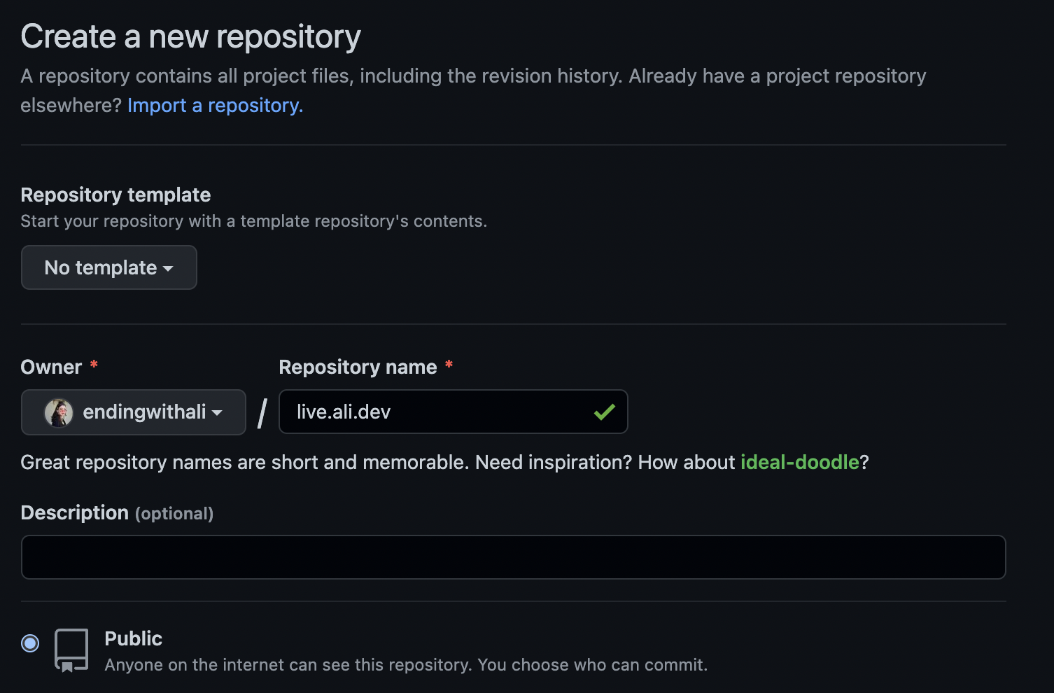 It&rsquo;s the basic page for creating a new repo on github